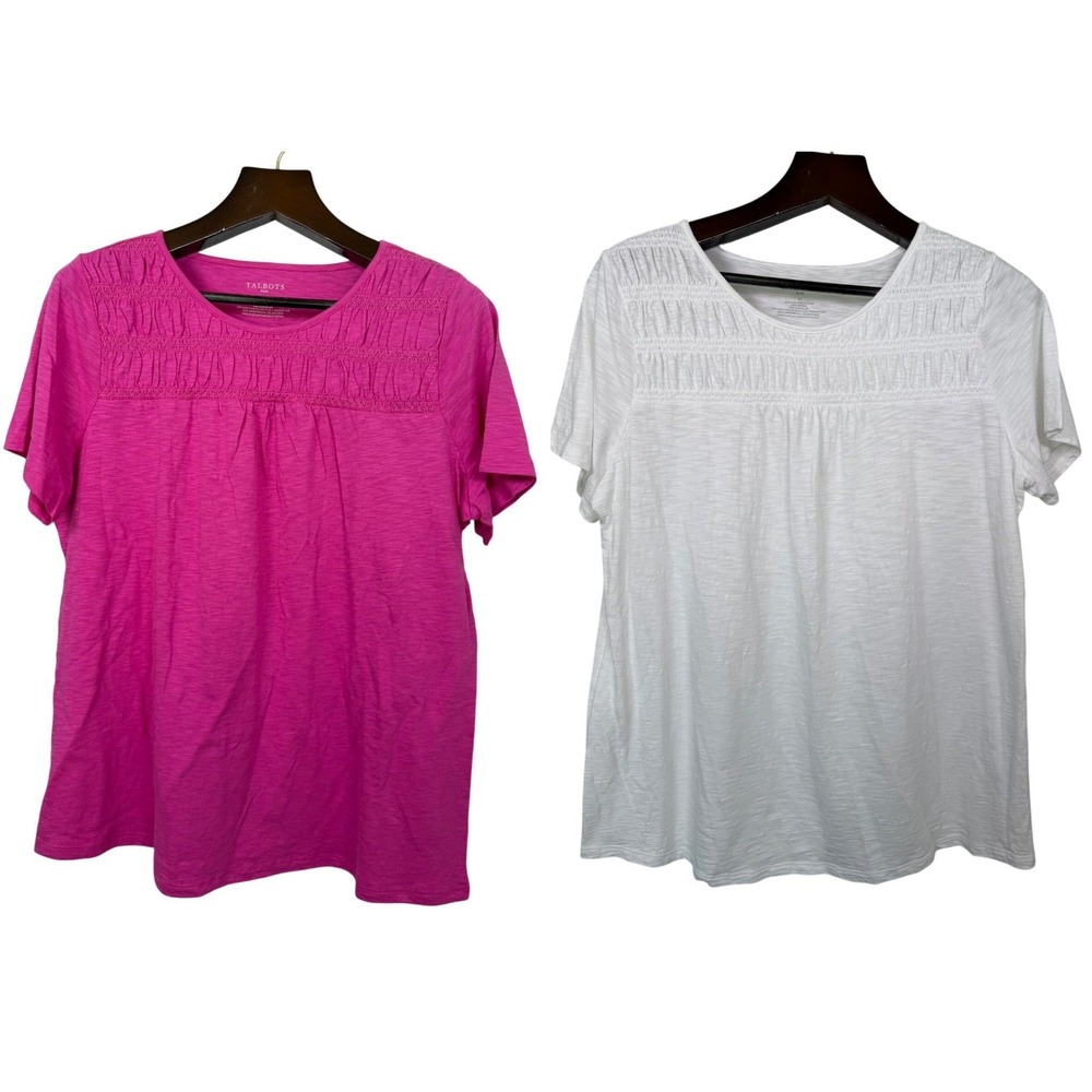 Lot of 2 Talbots Plus Size 1X Pink White Smocked Neck Cotton Modal Shirts